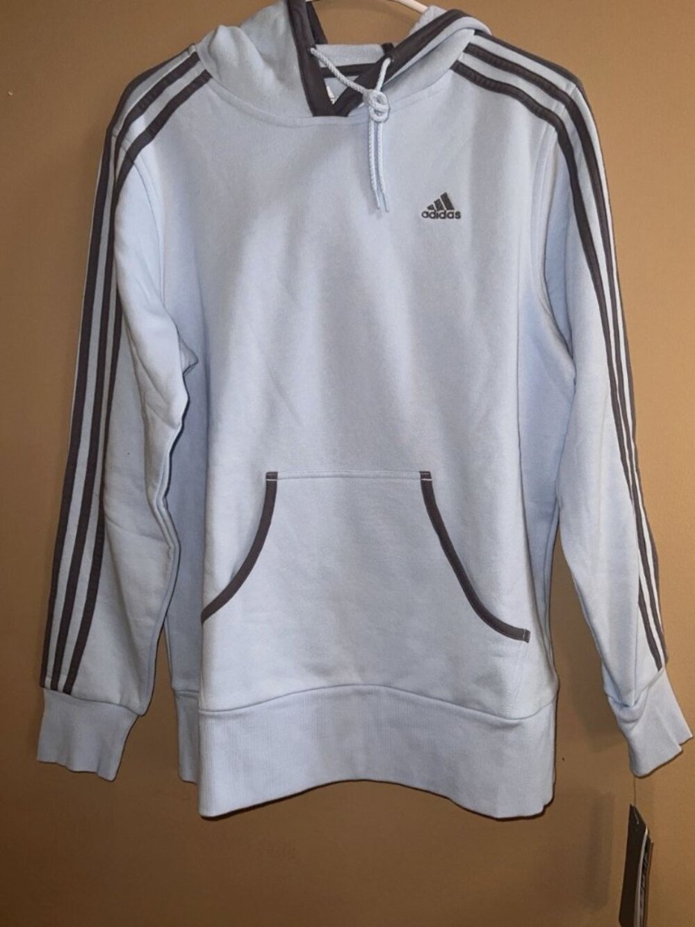 Adidas Womenโs 3 Stripe Fleece Pullover Hoodie Light Blue Size Large NWT